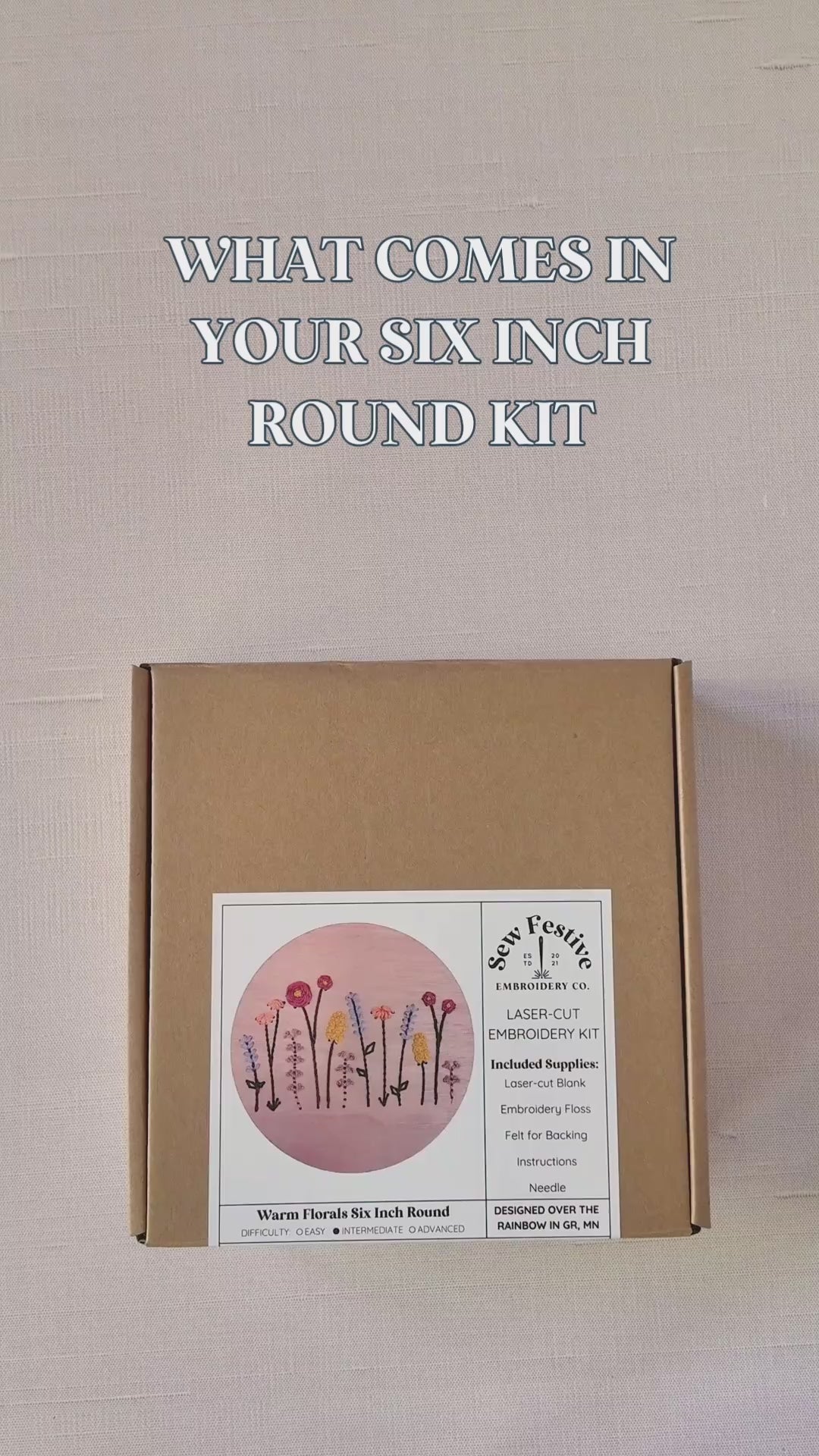 What comes in a Sew Festive sox inch round laser-cut embroidery kit